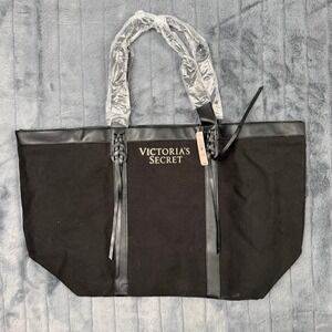 Victoria's Secret Tote Bag Womens OS Black Canvas Faux Leather Braided Tassel